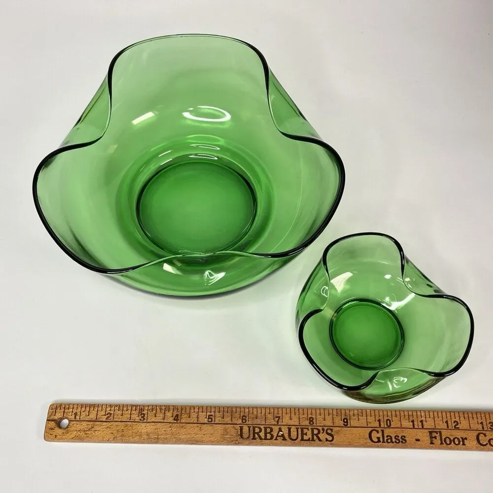 Vtg Anchor Hocking Forest Green Chip N Dip Bowls MCM 2pc Set (No Hanger)